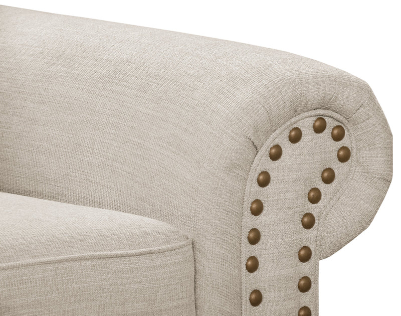 Made in Canada Wynn 47\" Chenille Fabric Chair with Nailhead Trim and Wood Bun Legs - Linen Beige