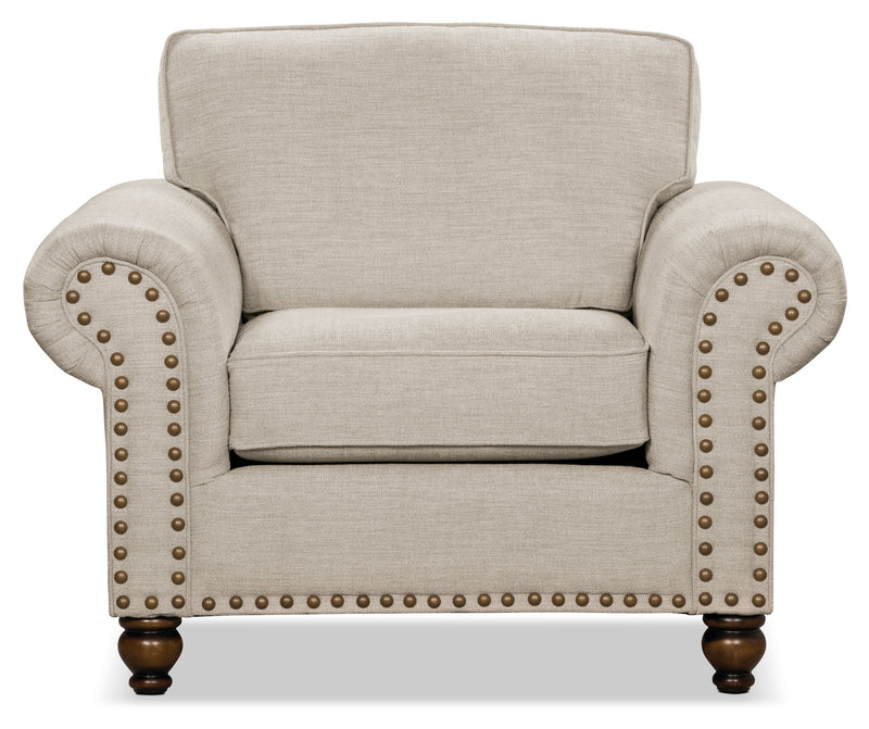 Made in Canada Wynn 47\" Chenille Fabric Chair with Nailhead Trim and Wood Bun Legs - Linen Beige