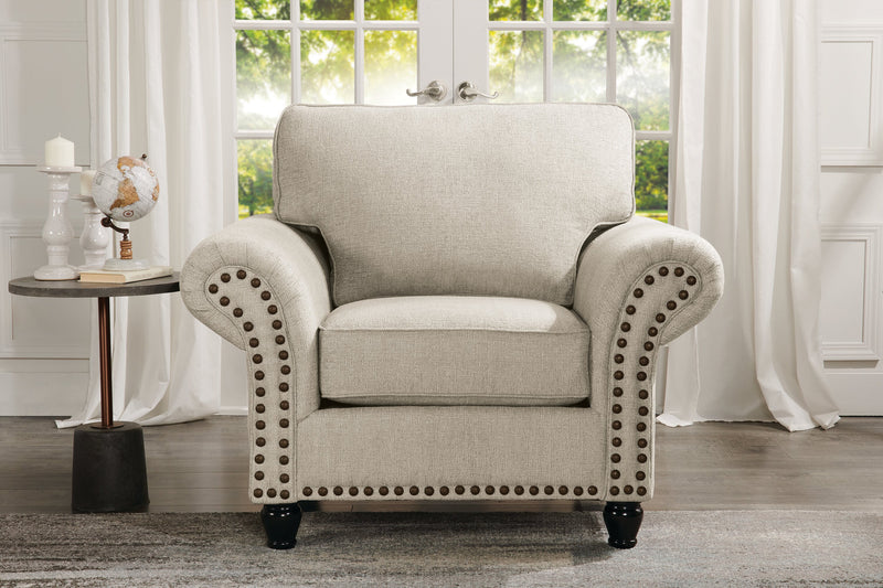 Made in Canada Wynn 47\" Chenille Fabric Chair with Nailhead Trim and Wood Bun Legs - Linen Beige