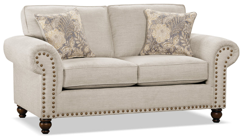 Made in Canada Wynn 70\" Chenille Fabric Loveseat with Nailhead Trim and Wood Bun Legs - Linen