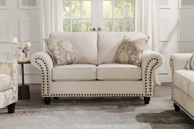 Made in Canada Wynn 70\" Chenille Fabric Loveseat with Nailhead Trim and Wood Bun Legs - Linen