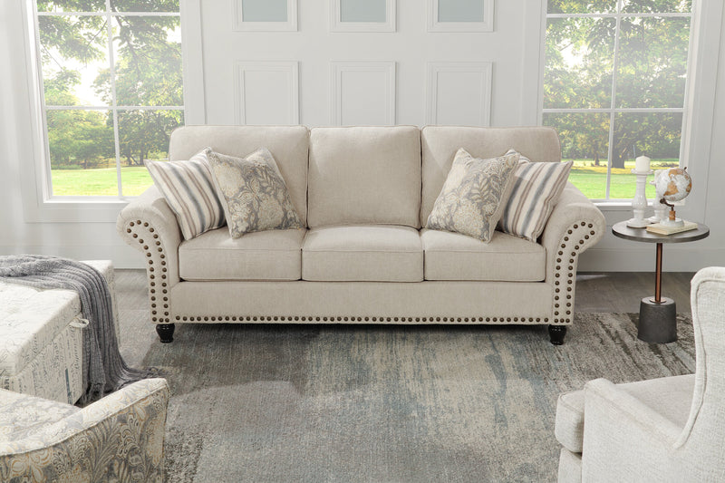 Made in Canada Wynn 93\" Chenille Fabric Sofa with Nailhead Trim and Wood Bun Legs - Linen Beige