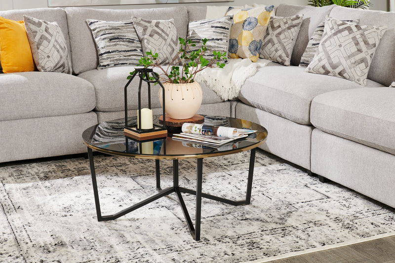 Xander 36\" Modern Round Glass Top Coffee Table - Black and Gold with Metal Legs