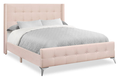 Zara Upholstered Bed in Pink Linen-Look Fabric - Button Tufted - Queen Size | Lit rembourré Zara en tissu d’apparence lin rose avec capitonnage à boutons - format grand lit