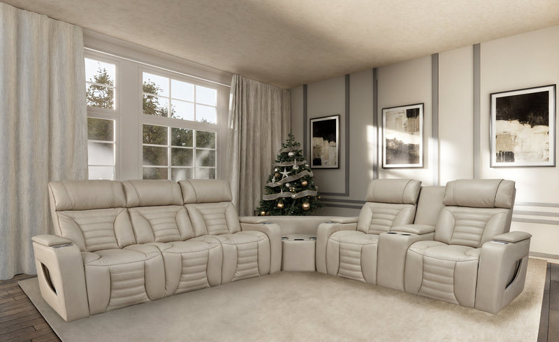 Zen 3-Piece Leather-Look Fabric Power Reclining Sectional with Massage, Drop-Down Console and Refrigerator - Apricot