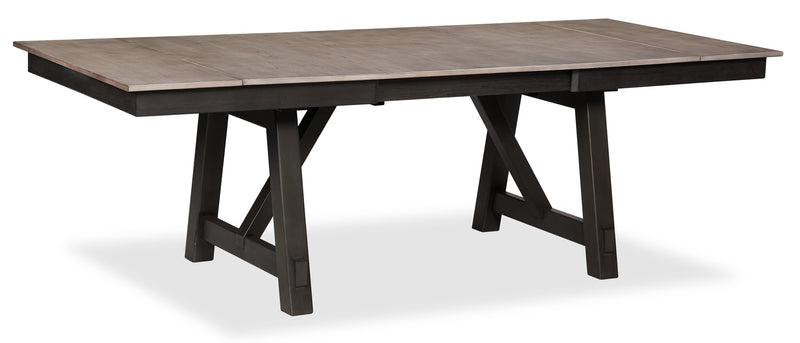 Zao Dining Table with 66-94\"W Extension, Melamine, Trestle Base - Brown