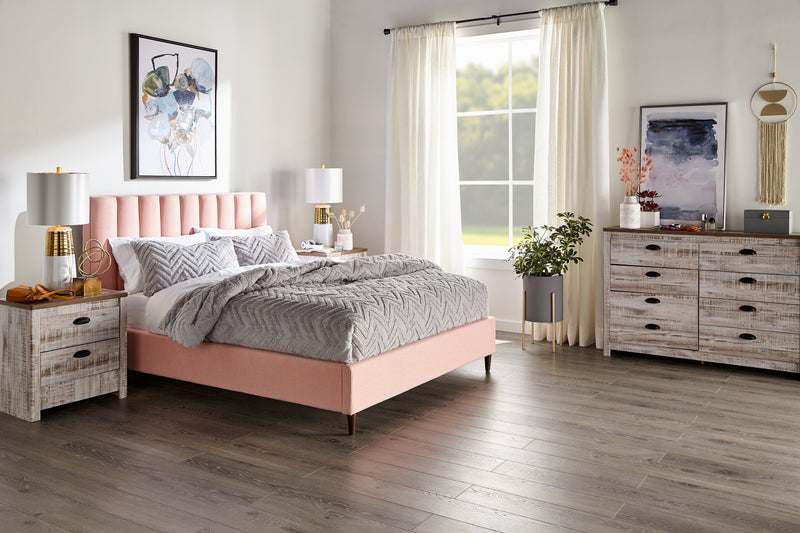 Kort & Co. Rain Upholstered Platform Bed in Pink Fabric, Tufted - King Size