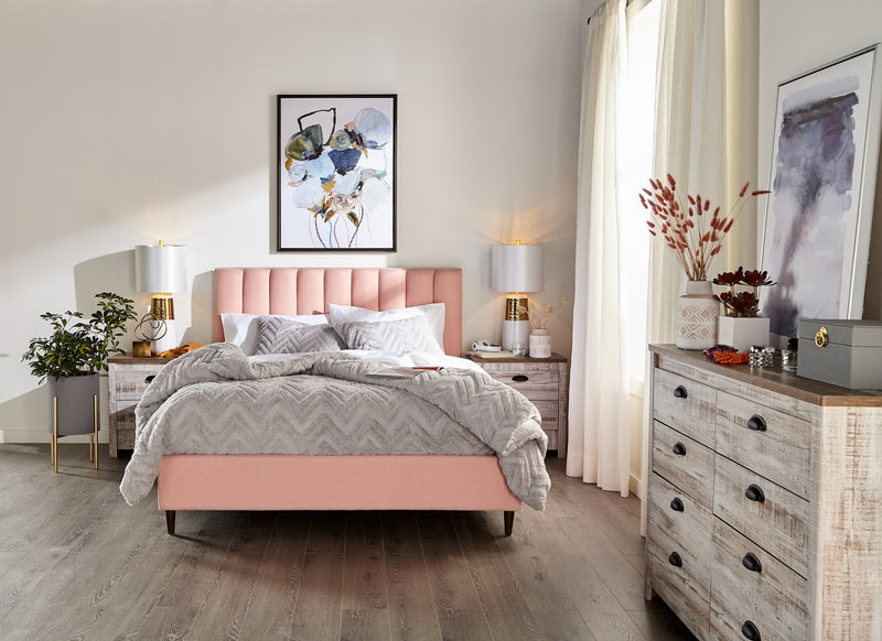 Kort & Co. Rain Upholstered Platform Bed in Pink Fabric, Tufted - King Size