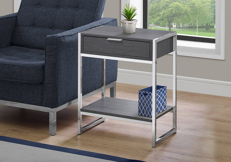 Alice 19.5\" Accent Table With Storage & Shelf - Grey with Chrome Accents