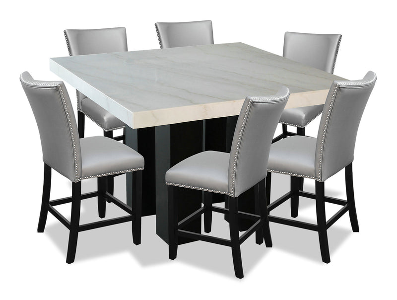 Cami 7pc Counter-Height Dining Set with Table & 6 Grey Chairs, Genuine Marble Top, 54\"W Square