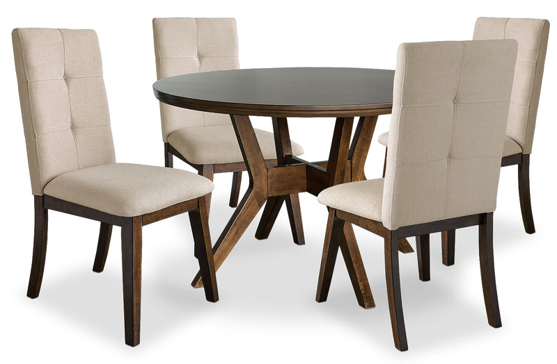 Chelsea 5pc Dining Set with Table & 4 Taupe Chairs, 48\"W Round - Walnut Brown