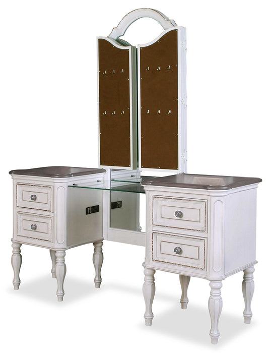 Grace Bedroom Vanity Set with Stool, Mirror, Built-in Power Outlets & USB Ports - Antique White