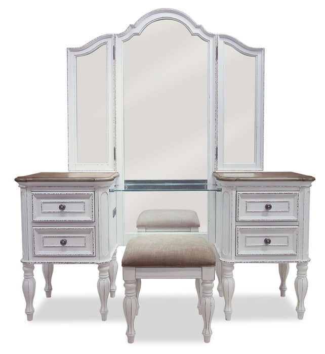 Grace Bedroom Vanity Set with Stool, Mirror, Built-in Power Outlets & USB Ports - Antique White