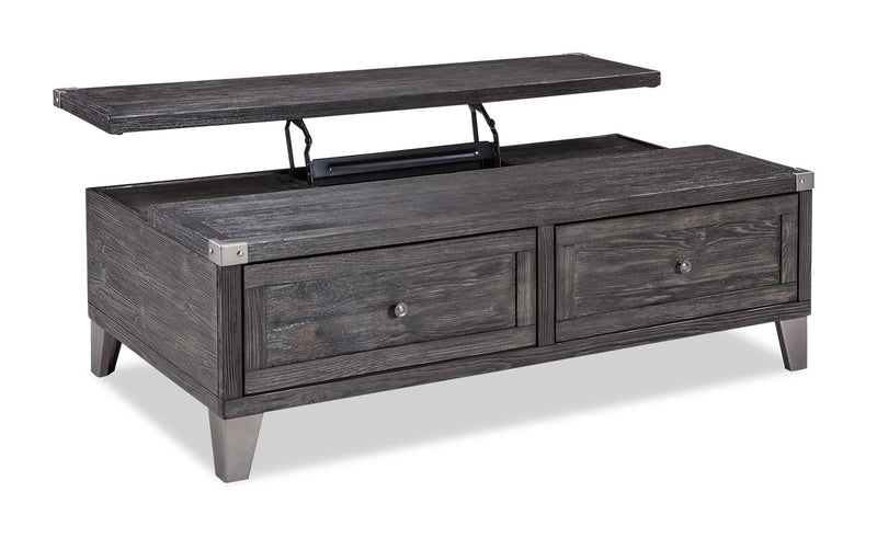 Hilla  54.38\" Industrial Lift Top Coffee Table with Storage - Dark Brown Wood with Metal Legs