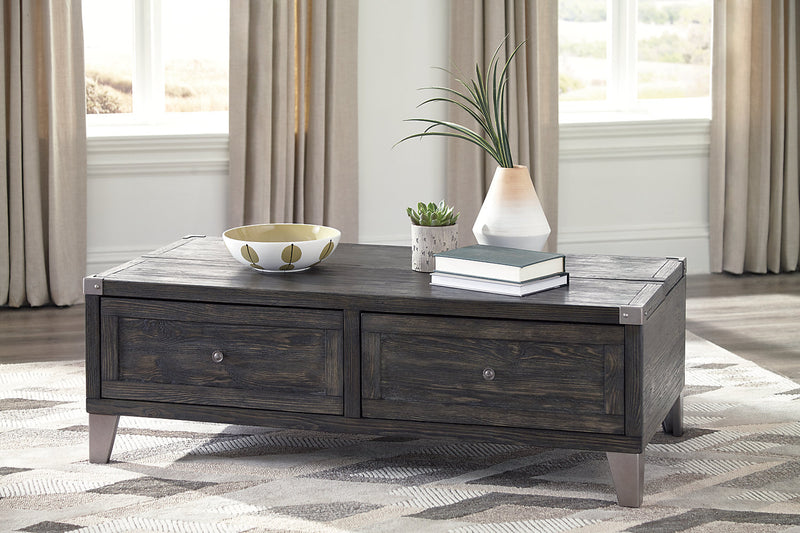 Hilla  54.38\" Industrial Lift Top Coffee Table with Storage - Dark Brown Wood with Metal Legs