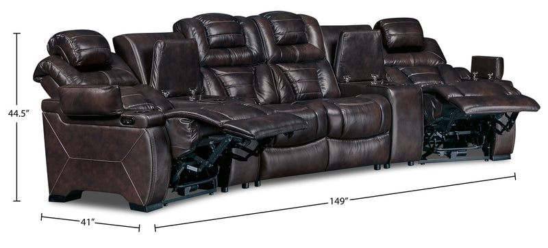 Hugo 5-Piece Genuine Leather Home Theatre Power Reclining Sectional with Storage Consoles and Cupholders - Brown