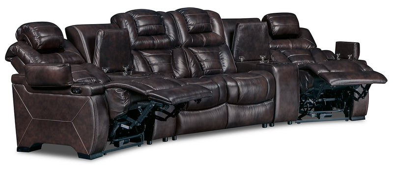 Hugo 5-Piece Genuine Leather Home Theatre Power Reclining Sectional with Storage Consoles and Cupholders - Brown
