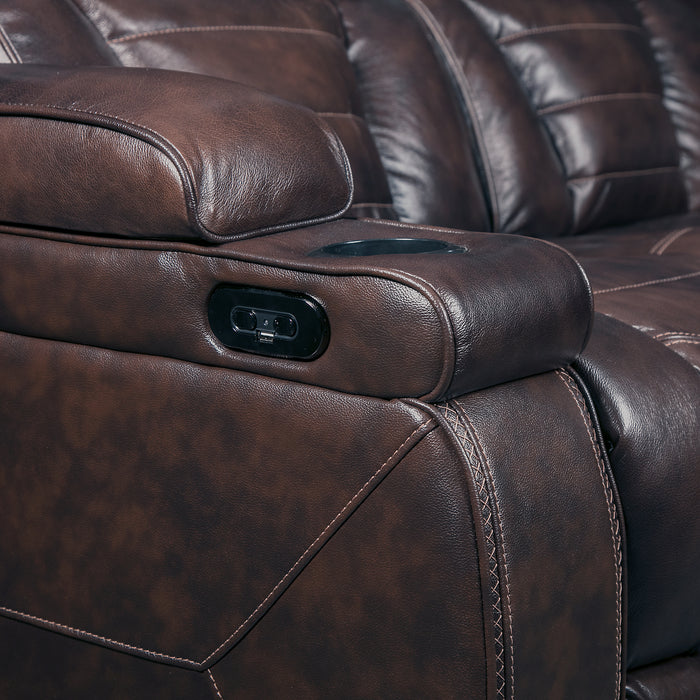 Hugo 5-Piece Genuine Leather Home Theatre Power Reclining Sectional with Storage Consoles and Cupholders - Brown