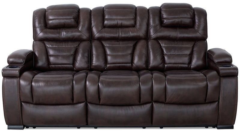 Hugo 84\" Genuine Leather Power Reclining Sofa with Power Headrests, Dual Cupholders and USB Ports - Brown