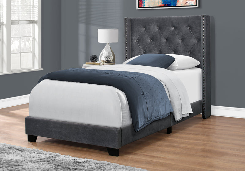 Twin Size Dark Grey Velvet with Chrome Trim Bed