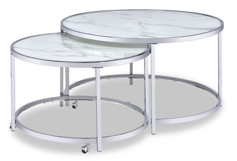 Josie 36\" Glam Round Glass Top Nesting Coffee Tables - Grey Marble Look with Metal Legs
