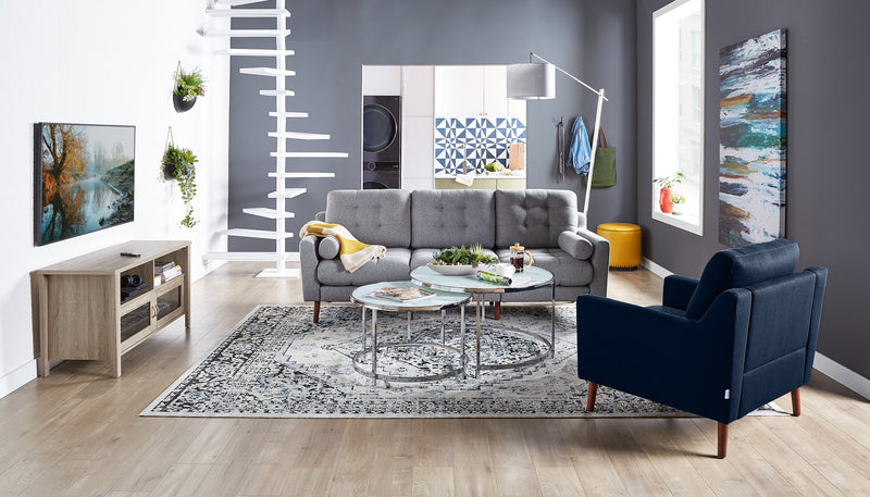 Josie 36\" Glam Round Glass Top Nesting Coffee Tables - Grey Marble Look with Metal Legs