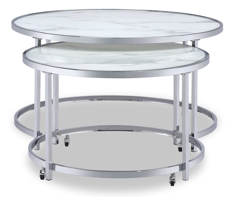 Josie 36\" Glam Round Glass Top Nesting Coffee Tables - Grey Marble Look with Metal Legs