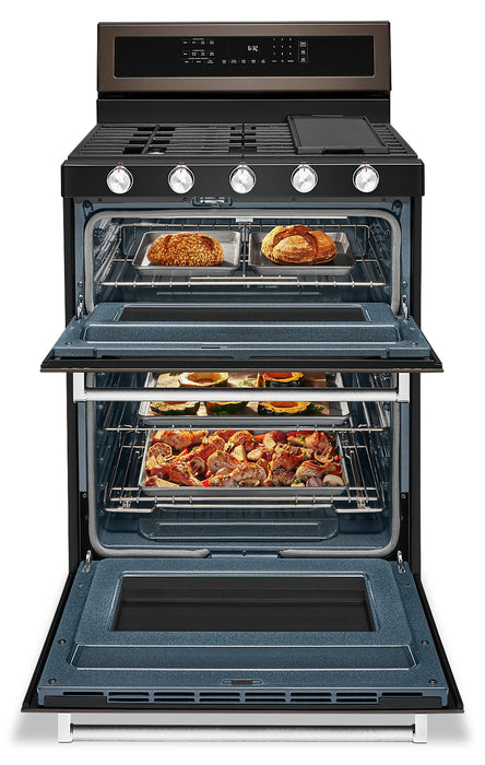 KitchenAid 6 Cu. Ft. Gas Range with Self-Clean and Double Oven - Black Stainless Steel PrintShield™ - KFGD500EBS