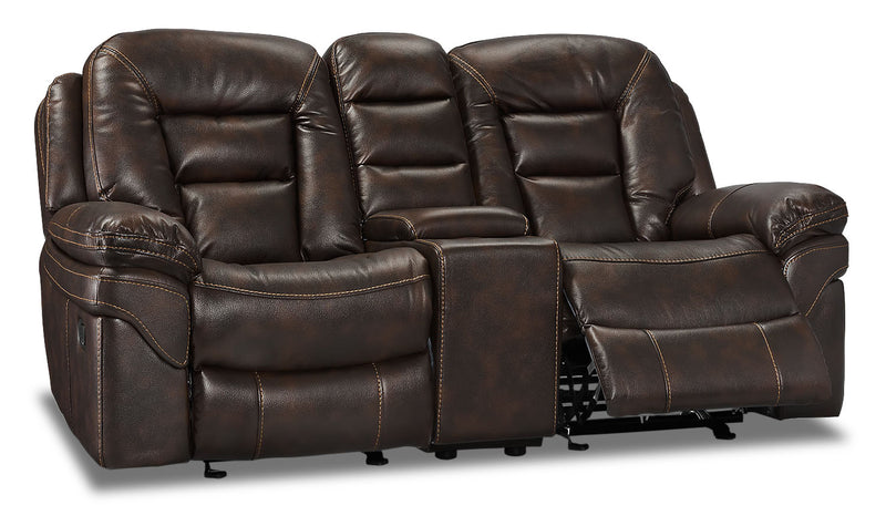 Leo 78\" Leather-Look Fabric Glider Reclining Loveseat with Storage Console - Walnut Brown