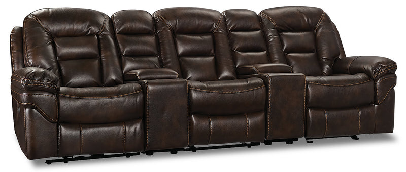Leo 5-Piece Leather-Look Fabric Home Theatre Power Reclining Sectional with Storage Consoles and Cupholders - Walnut Brown