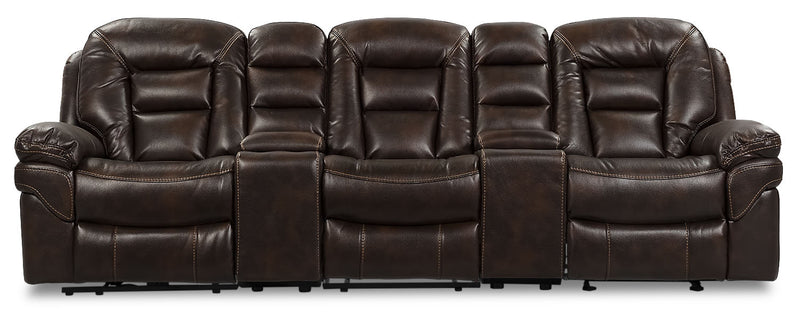Leo 5-Piece Leather-Look Fabric Home Theatre Power Reclining Sectional with Storage Consoles and Cupholders - Walnut Brown
