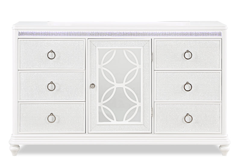 Ava Bedroom 7-Drawer Dresser with LED Light, 67\"W x 39\"H, Glam - White