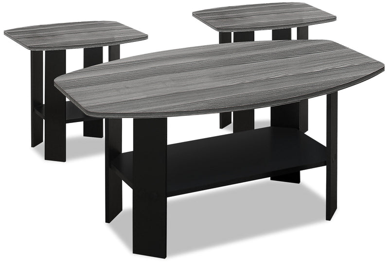 Rosario 35.5\" Modern 3-Pack Coffee + 2 End Tables with Shelf - Grey and Black