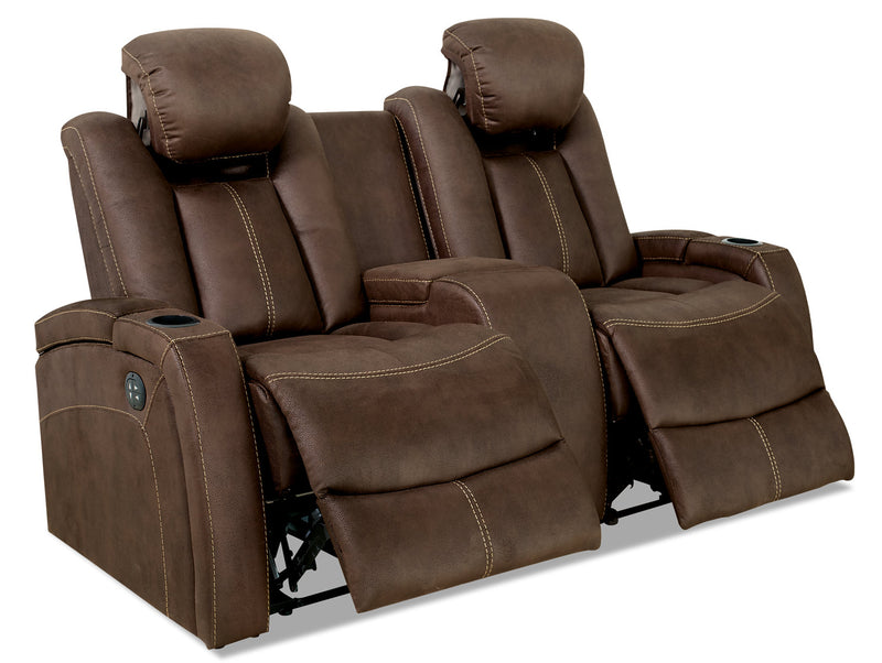 Ross 72.5\" Faux Suede Fabric Power Reclining Loveseat with Power Headrests and Storage Console - Chocolate Brown