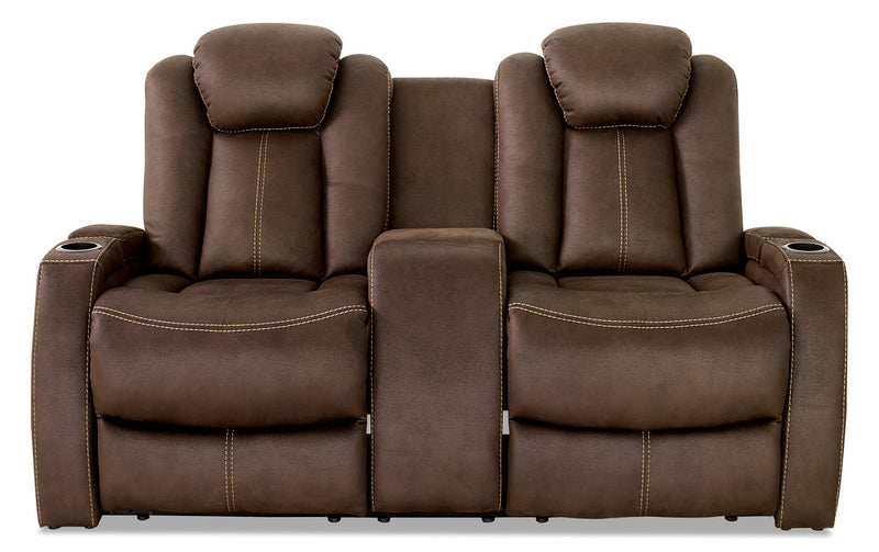 Ross 72.5\" Faux Suede Fabric Power Reclining Loveseat with Power Headrests and Storage Console - Chocolate Brown