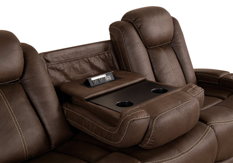 Ross 83\" Faux Suede Fabric Power Reclining Sofa with Power Headrests and Fold-Down Console - Chocolate Brown