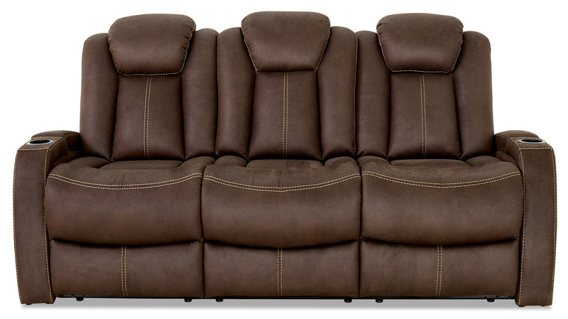 Ross 83\" Faux Suede Fabric Power Reclining Sofa with Power Headrests and Fold-Down Console - Chocolate Brown