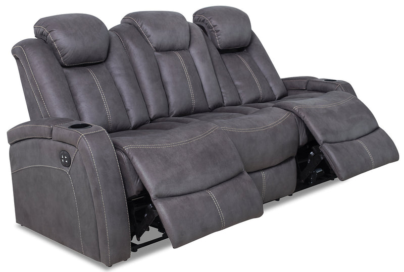 Ross 83\" Faux Suede Fabric Power Reclining Sofa with Power Headrests and Fold-Down Console - Pewter Grey