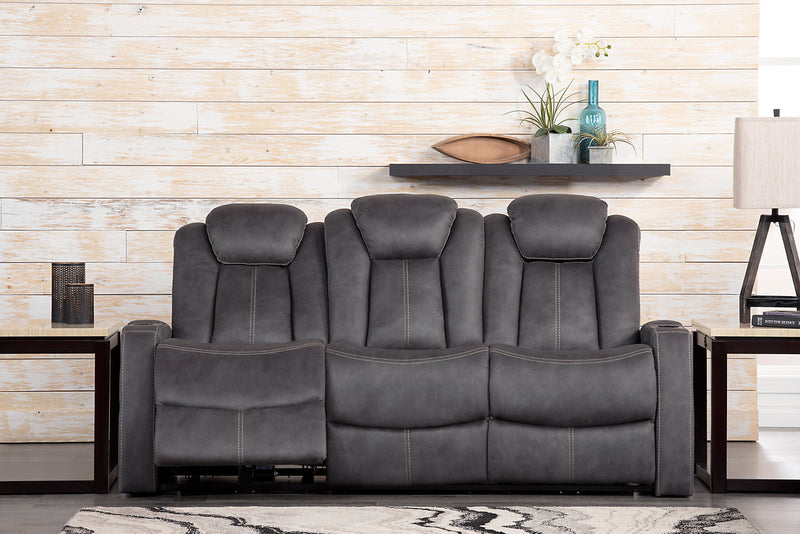 Ross 83\" Faux Suede Fabric Power Reclining Sofa with Power Headrests and Fold-Down Console - Pewter Grey