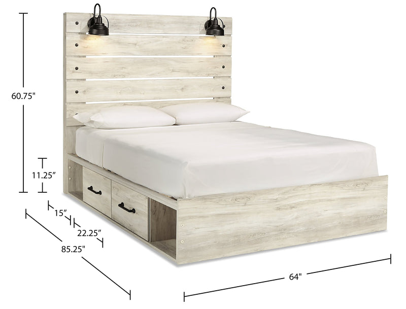 Abby Platform Side Storage Bed with LED Lights & USB Ports, White - Queen Size
