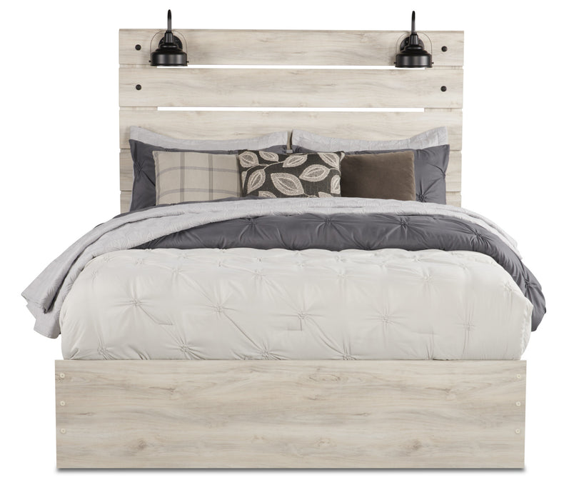 Abby Panel Bed with Headboard & Frame, LED, USB, White - Queen Size