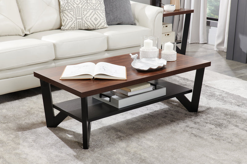 Arika 47.5\" Modern 3-Pack Coffee + 2 End Tables with Shelf - Dark Walnut annd Black