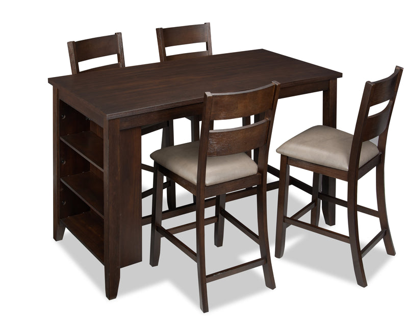 Astoria 5pc Counter-Height Dining Set with Table & 4 Chairs, Built-in Shelves, 60\"W - Brown