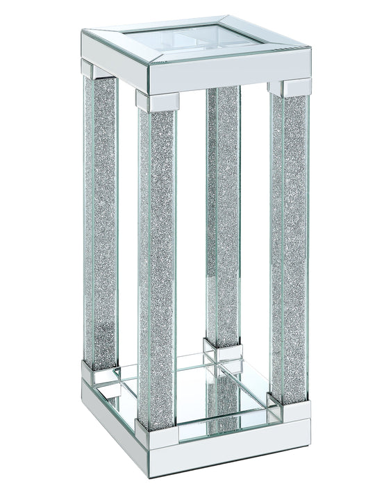 Berni 12\" Glam Mirror & Glass Top Chairside Table with Shelf - Silver Metal with Diamond Look Legs