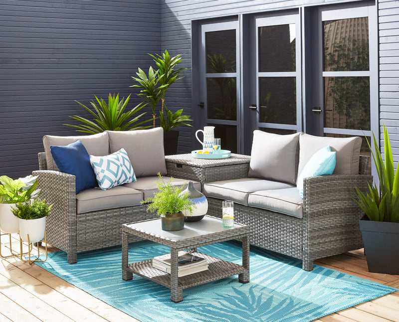Dominica 4-Piece Outdoor Patio Set with 2 Loveseats, Storage End Table & Glass Top Coffee Table - Hand-Woven Resin Wicker, UV & Weather Resistant - Grey
