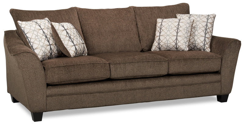 Made in Canada Febe 100\" Chenille Fabric Sofa with Flared Arms and Accent Pillows - Brown