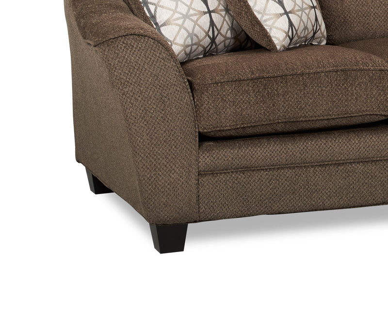 Made in Canada Febe 100\" Chenille Fabric Sofa with Flared Arms and Accent Pillows - Brown