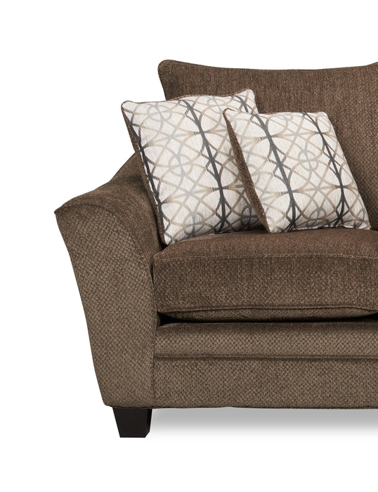 Made in Canada Febe 75\" Chenille Fabric Loveseat with Flared Arms and Accent Pillows - Brown