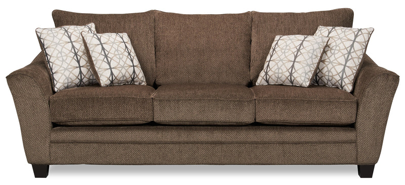 Made in Canada Febe 100\" Chenille Fabric Queen-Size Sofa Bed with Flared Arms and Accent Pillows - Brown