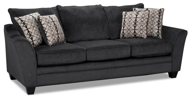 Made in Canada Febe 100\" Chenille Fabric Sofa with Flared Arms and Accent Pillows - Charcoal Grey